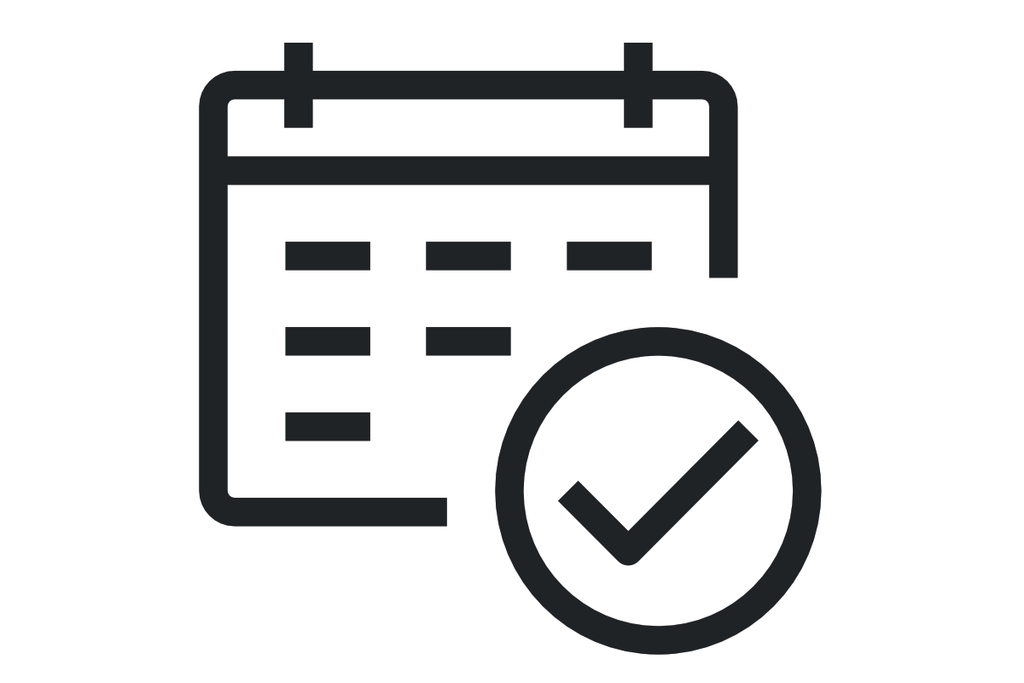 Icon eines Kalenders mit einem umrandeten Häkchen im Vordergrund.