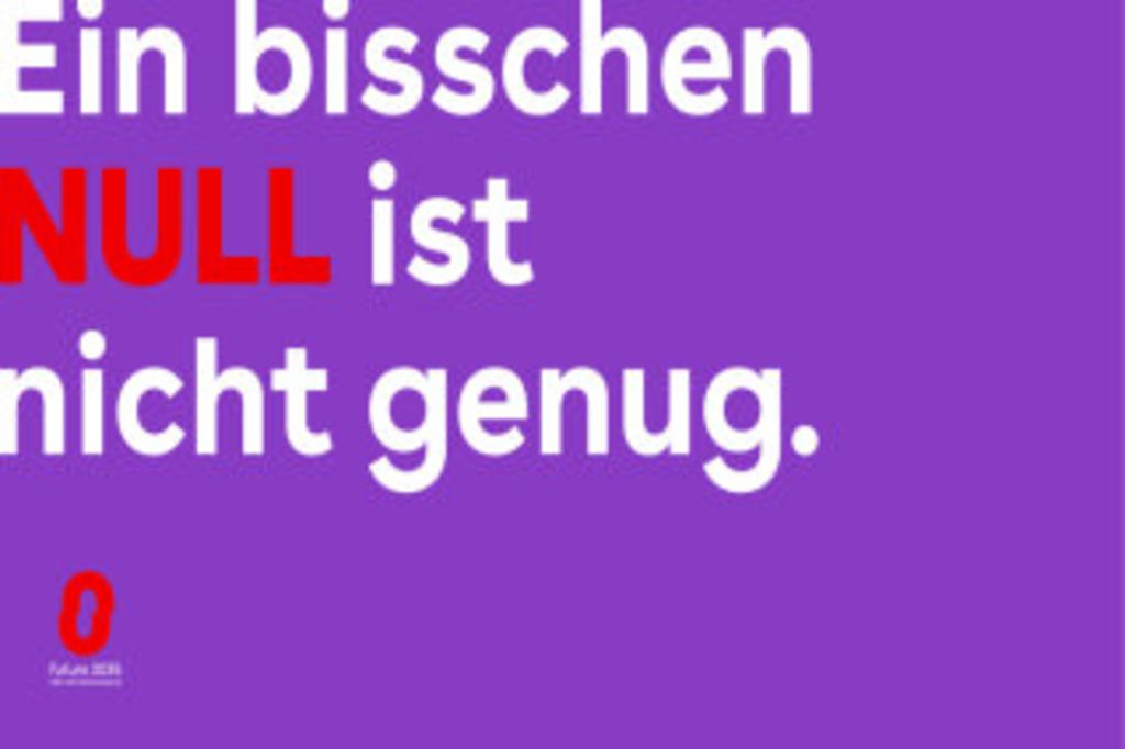 lilafarbender Hintergrund auf dem mit weißer Schrift folgendes steht: "Ein bisschen Null ist nicht genug", Link auf Klima - Stadt Köln