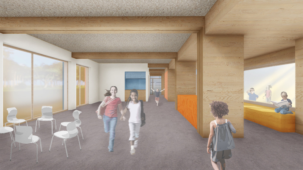 Entwurfszeichnung eines Flures mit Holzdecken und –trägern sowie Sitzgelegenheiten in den Nischen der Fenster zu einem Klassenzimmer