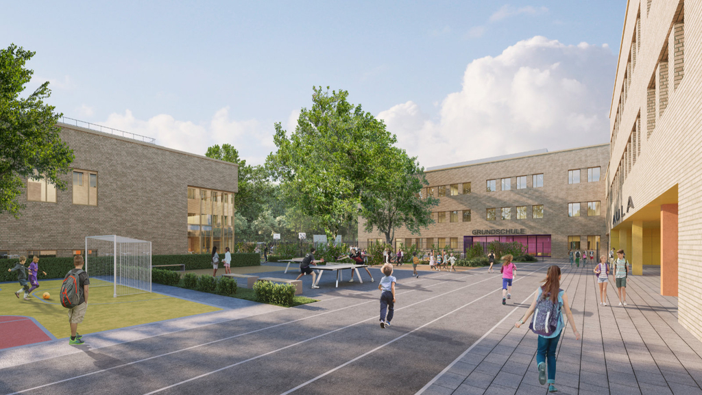 Kinder und Jugendliche auf einem Pausenhof umgeben von drei Gebäudeteilen gehen und laufen und spielen Ball. Die Flächen sind umrandet von Bäumen und Hecken., Link auf Ein neuer Schulcampus für Porz - Stadt Köln