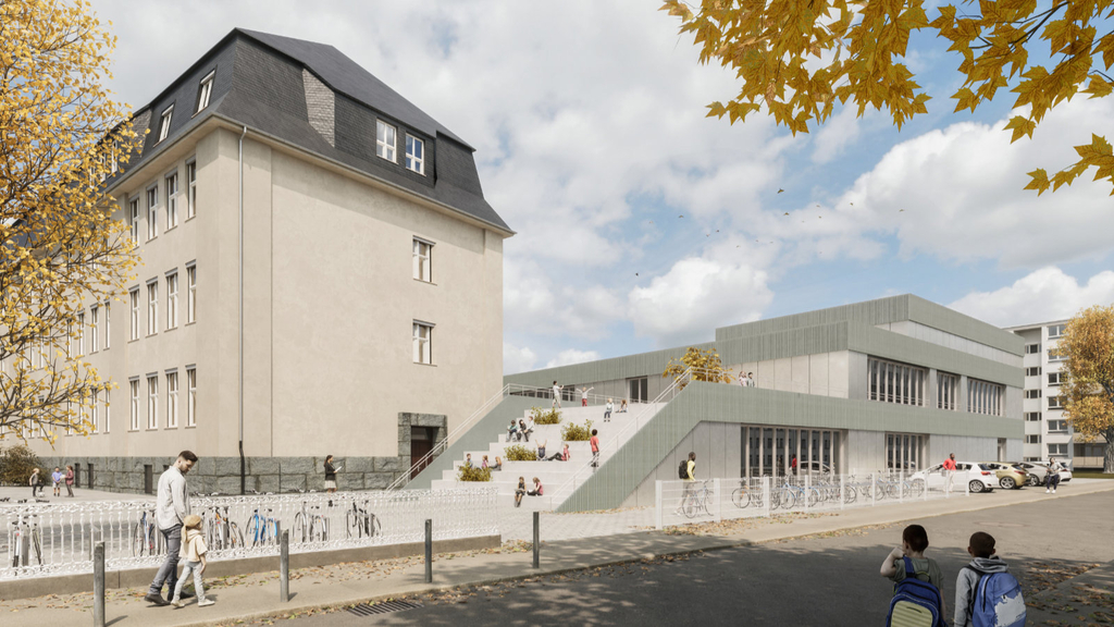 Der architektonische Entwurf für den Erweiterungsbau zeigt eine große Freitreppe neben dem Altbau. Dahinter liegen terrassenartig die Turnhallen und Klassenräume.