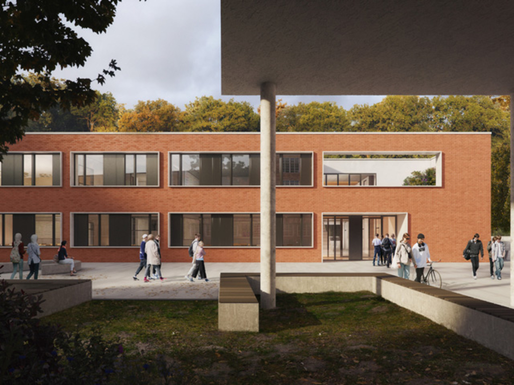 Visualisierung: Die Fassade des Erweiterungsbaus für den Schulstandort Berliner Straße 975 wird abschließend verklinkert