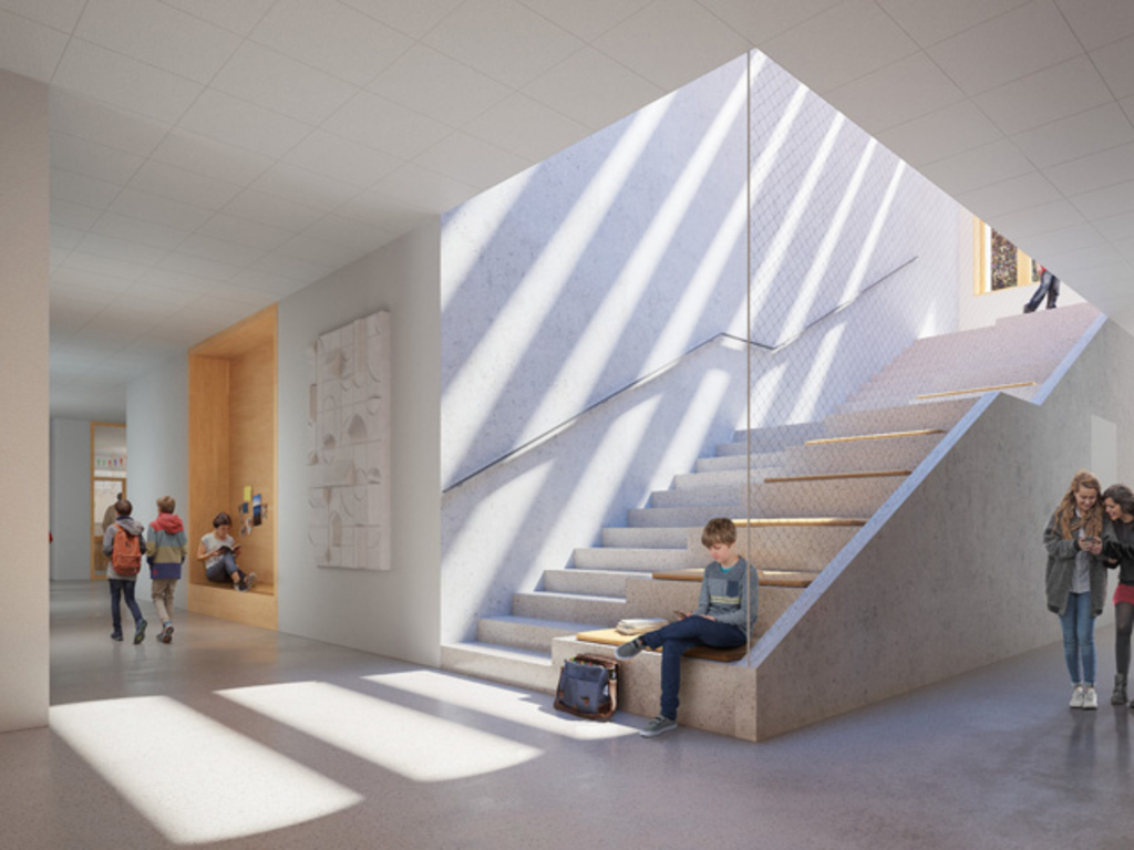 Visualisierung der einladenden und hellen Innenräume des Schulgebäudes Soldiner Straße 68