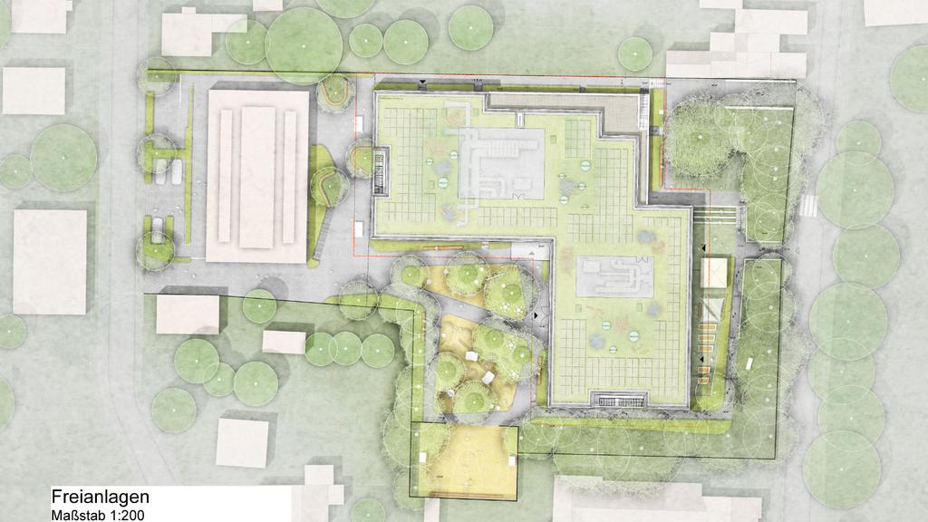 Lageplan des geplanten Schulgebäudes und angrenzender Sporthalle