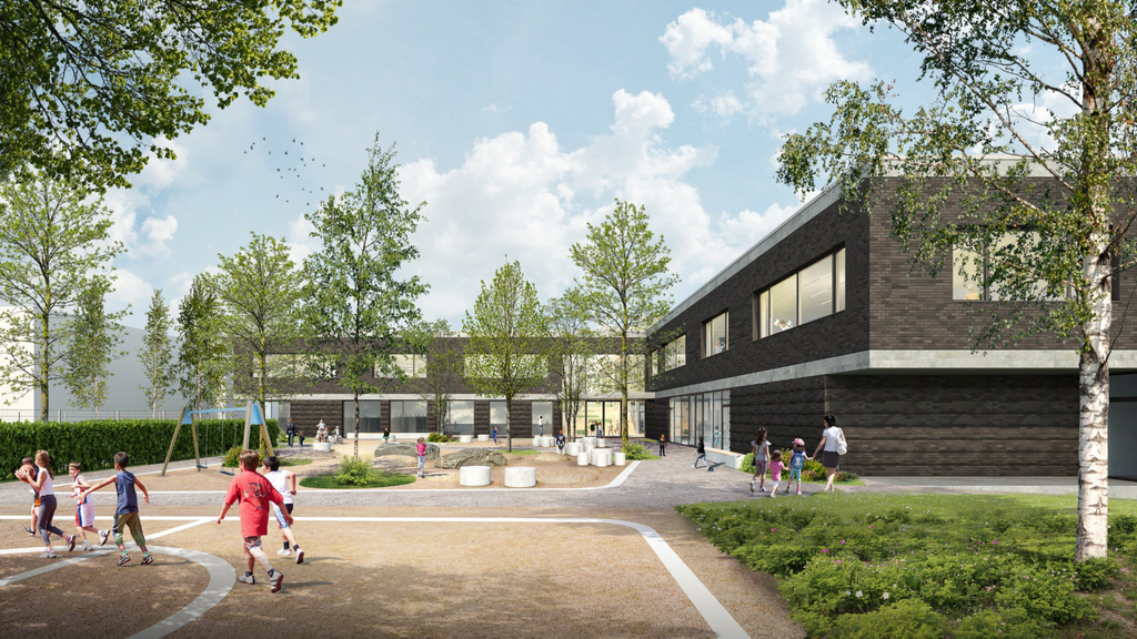 Architekturvisualisierung des Grundschulneubaus an der Elsdorfer Straße mit begrüntem Schulhof
