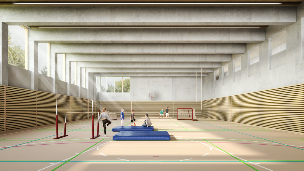 Visualisierung der Sporthalle, die viel Tageslicht hereinlässt