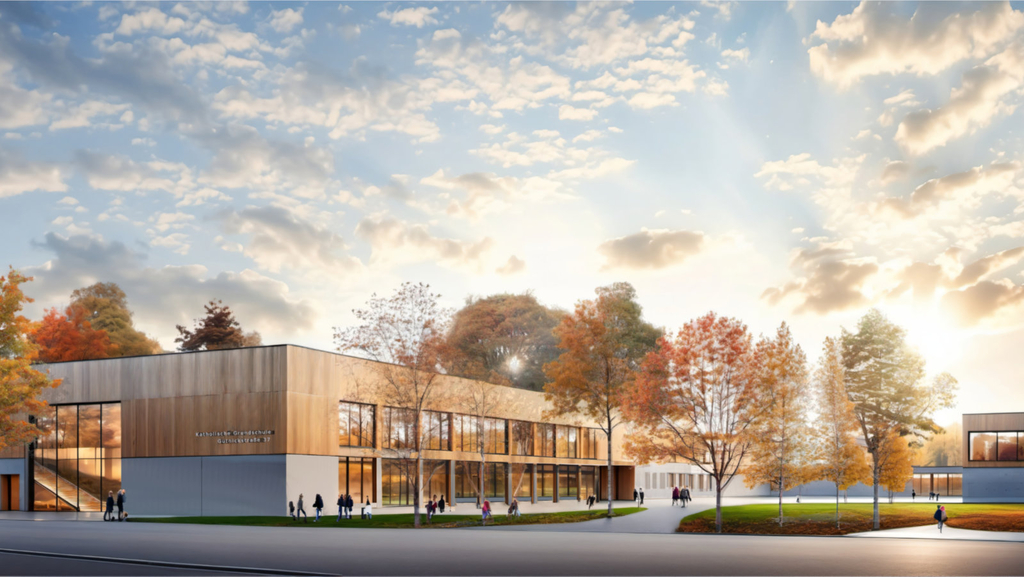 Visualisierung Neubau in der Gutnickstraße umgeben von viel Grün und Bäumen