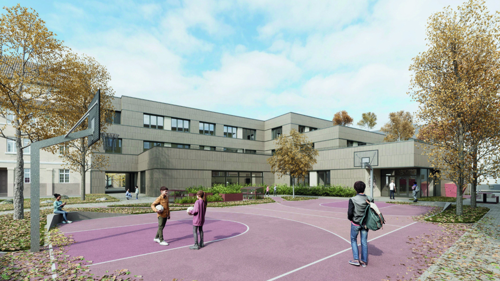 Ein Sportplatz mit Jugendlichen und dahinter ein terrassenartiges Gebäude, Link auf Erweiterungsbau für die Martin-Köllen-Schule - Stadt Köln