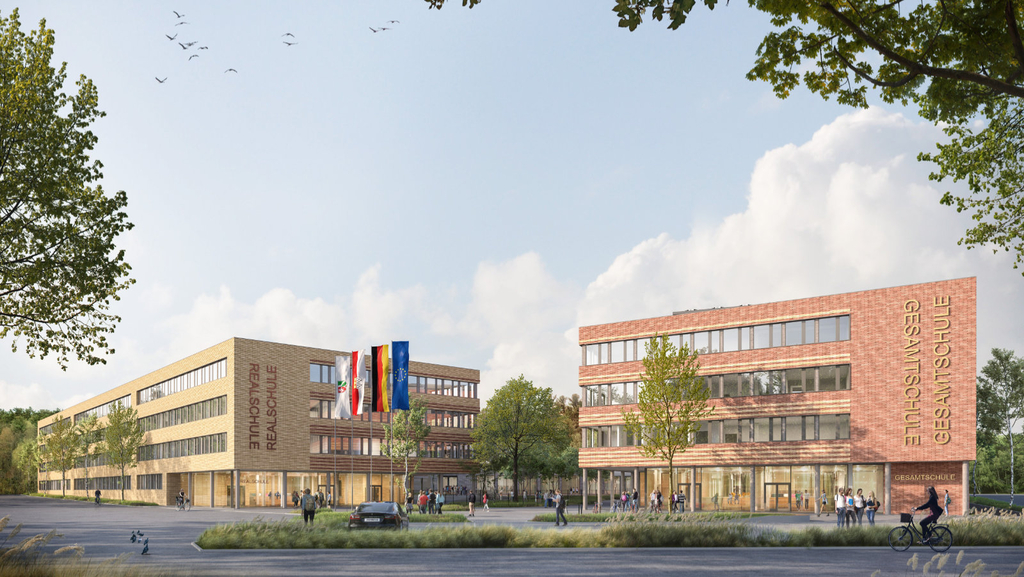 Visualisierung: Die Realschule und die Gesamtschule von der Straße aus gesehen. Sie sind von Bäumen umgeben, Menschen bewegen sich auf dem Vorplatz.
