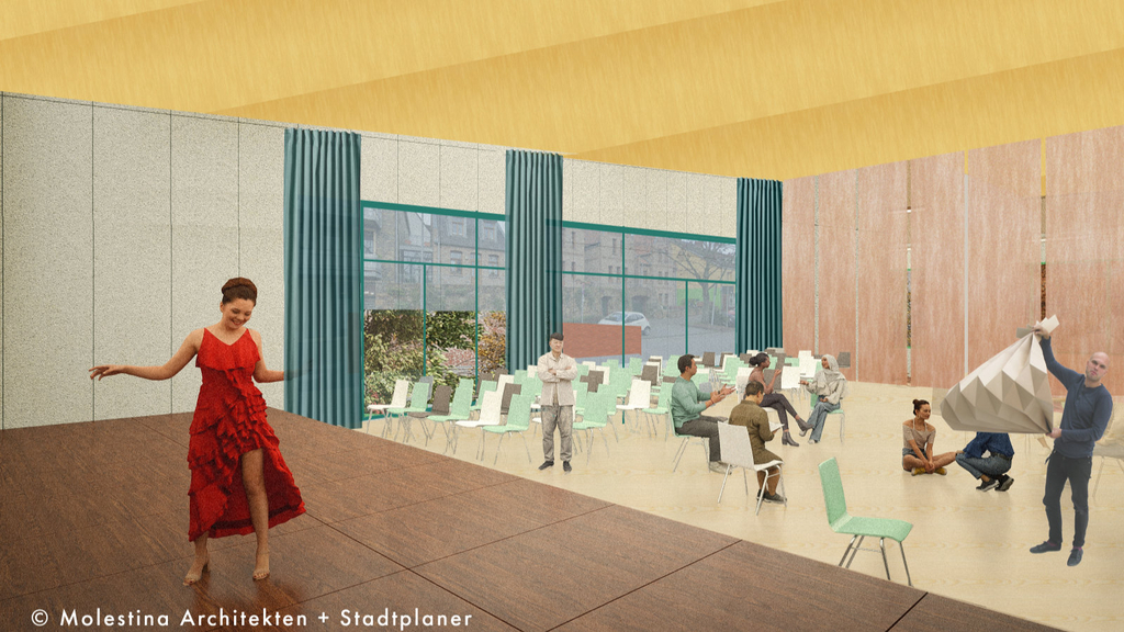 Visualisierung Aula und Veranstaltungsraum im neuen Schulhaus mit großflächigen Fenstern zur Straße