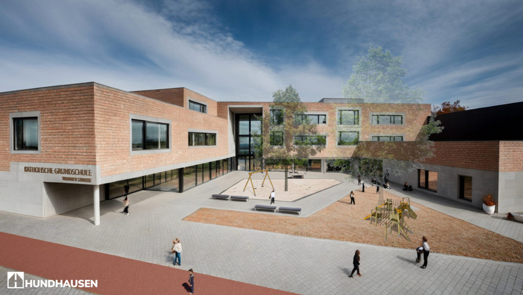 Architekturvisualisierung des Neubau Thurner Straße: Schulhof vor dem Schulgebäude mit Spielplatz