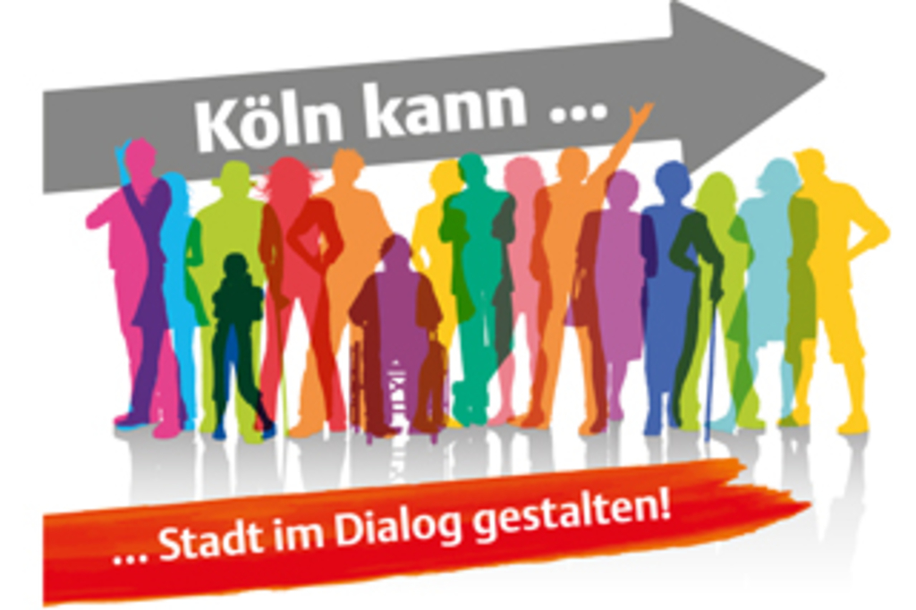 Skizze - verschiedenfarbige Menschensilhouetten, Schriftzug Köln