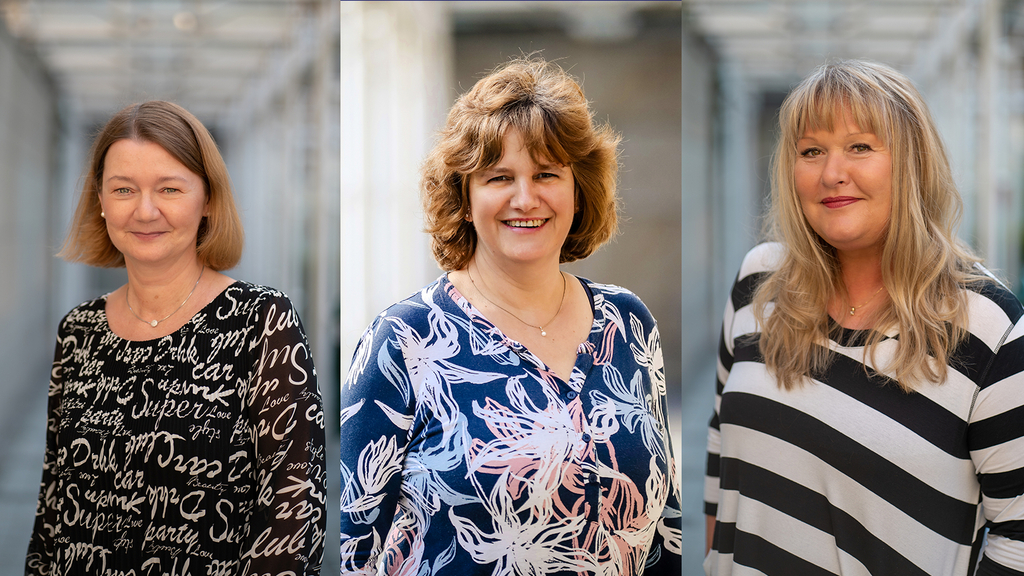 Portaits von drei Frauen, die in die Kamera lächeln, sie sind Mitarbeiterinnen im Bürgerbüro, Link auf Wir sind für Sie da!