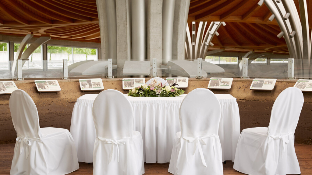 Weiß gedeckter Trautisch in der Halle des Elefantenparks. Davor stehen vier Stühle mit Hussen.