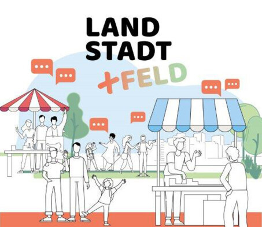 Illustration eines Markstandes mit dem Schriftzug Land Stadt +feld, Sprecht mit den Planungsteams!