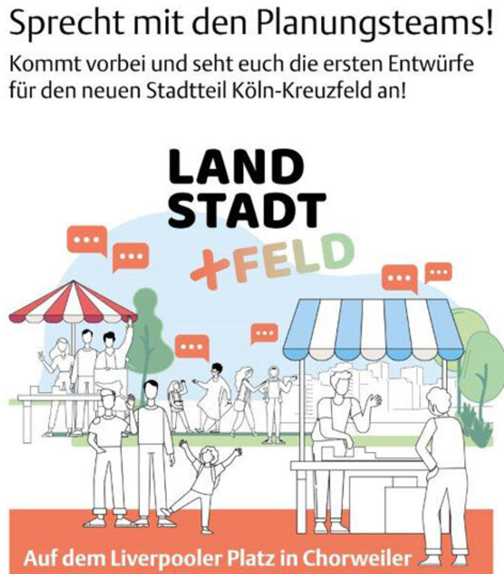 Illustration eines Markstandes mit dem Schriftzug Land Stadt +feld, Sprecht mit den Planungsteams!