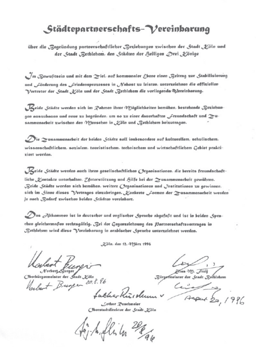 Bethlehem Städtepartnerschaft Vereinbarung