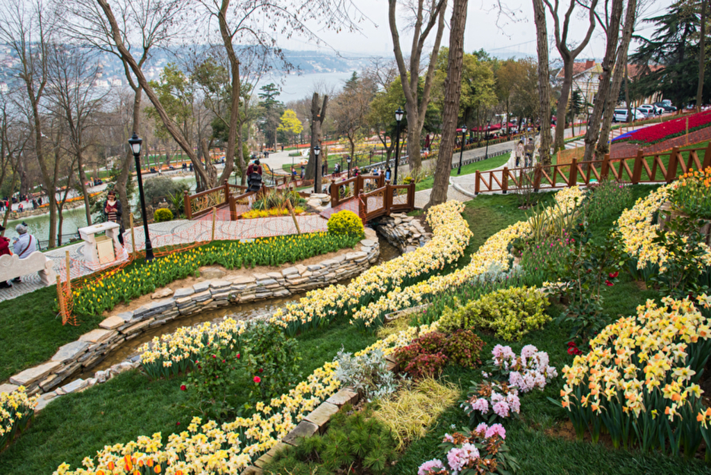 Eine Park mit einer Wiese mit vielen Tulpen zum Tulpenfest in Instanbul