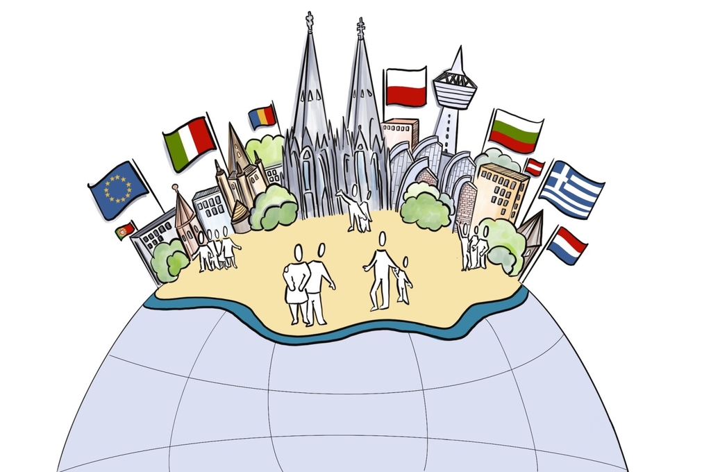 Zeichnung Weltkugel mit der Skyline von Köln und unterschiedlichen europäischen Flaggen