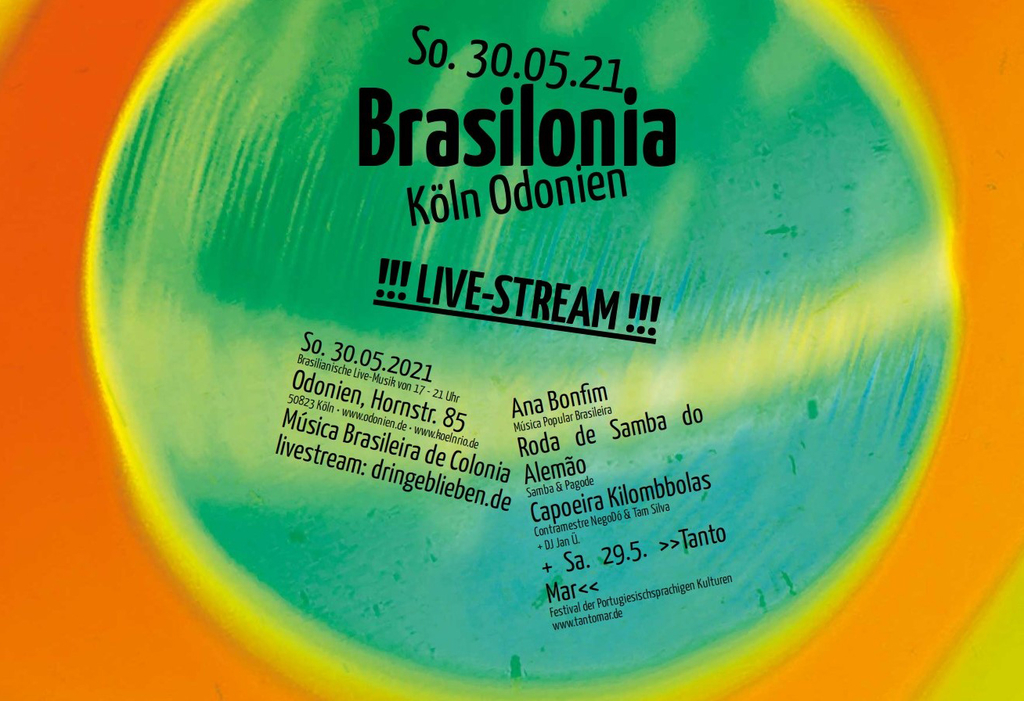 Plakat zum Brasilonia-Festival, türkiser Kreis mit orange-gelbem Ring darum, in der Mitte stehen verschiedene Veranstaltungsinformationen