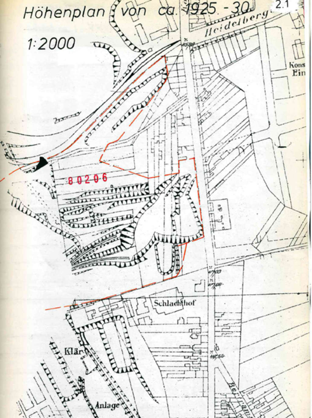 Der Kalkberg im Höhenplan der Stadt Köln von 1925 bis 1930