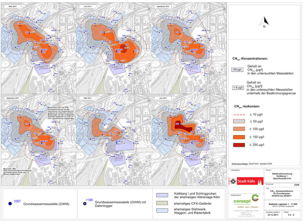 Lageplan mit Eintragungen der veränderlichen Cyanidfahnen