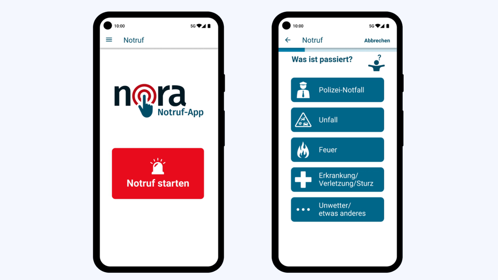 Abbildungen vom Startbildschirm und der Notfallfragen auf der nora App