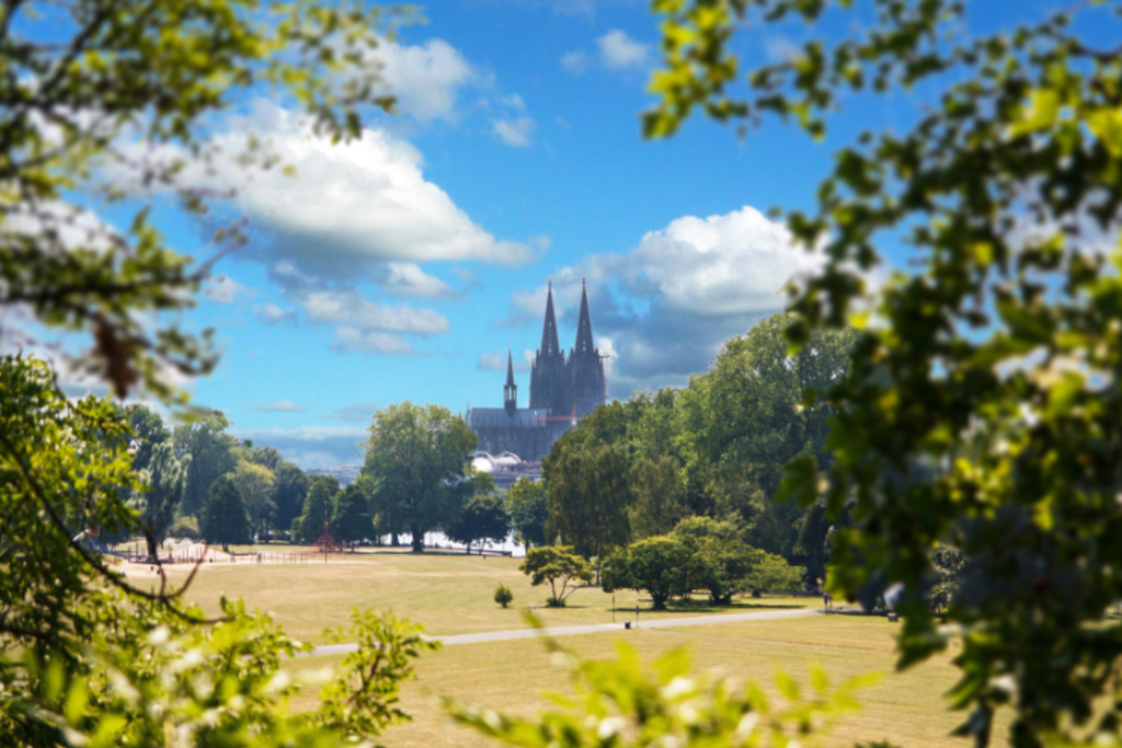 Blick über den Rheinpark zum Kölner Dom, Link auf Entdecken, Genießen, Erleben – Ausflugs- und Freizeittipps aus der Redaktion - Stadt Köln