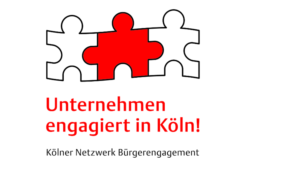 Logo des Kölner Netzwerk Bürgerengagement, drei Puzzleteile nebeneinander, das mittige rot, die anderen beiden weiß. Der Schriftzug "Unternehmen engagiert in Köln!" steht darunter.