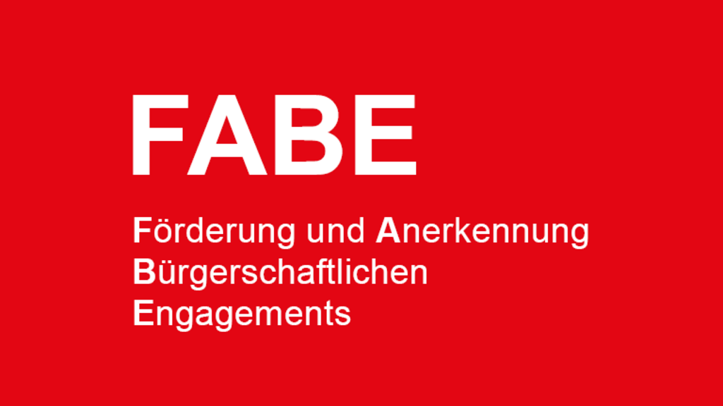 Auf rotem Grund der weiße Schriftzug "FABE" sowie wofür die Abkürzung steht: Förderung und Anerkennung Bürgerschaftlichen Engagements, Link auf Kommunalstelle FABE - Stadt Köln