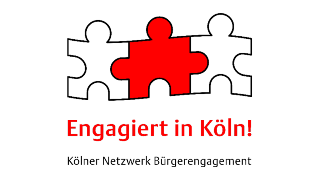 Drei Puzzleteile, links und rechts in weiß, in der Mitte ein rotes, darunter Text "Engagiert in Köln - Kölner Netzwerk Bürgerengagement", Link auf Kölner Netzwerk Bürgerengagement - Stadt Köln