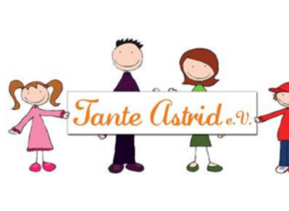 bunte Zeichnung, mittig zwei gemalte Personen (Vater und Mutter), links ein Mädchen, rechts ein Junge. Alle halten ein Schild mit dem Schriftzug "Tante Astrid e. V.", Link auf Tante Astrid e. V. - Stadt Köln