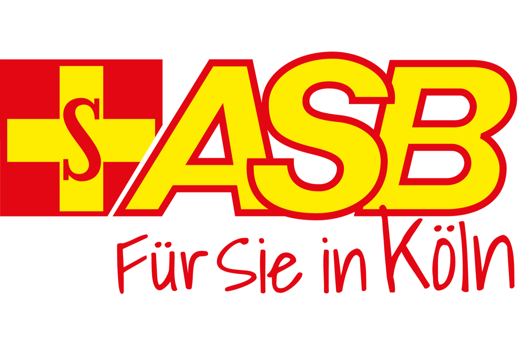 Logo des ASB Köln: Gelber Schriftzug mit einer roten Umrandung. Unterhalb des Logos befindet sich ein roter Schriftzug: Für Sie in Köln, Link auf ASB Köln e. V. - Stadt Köln