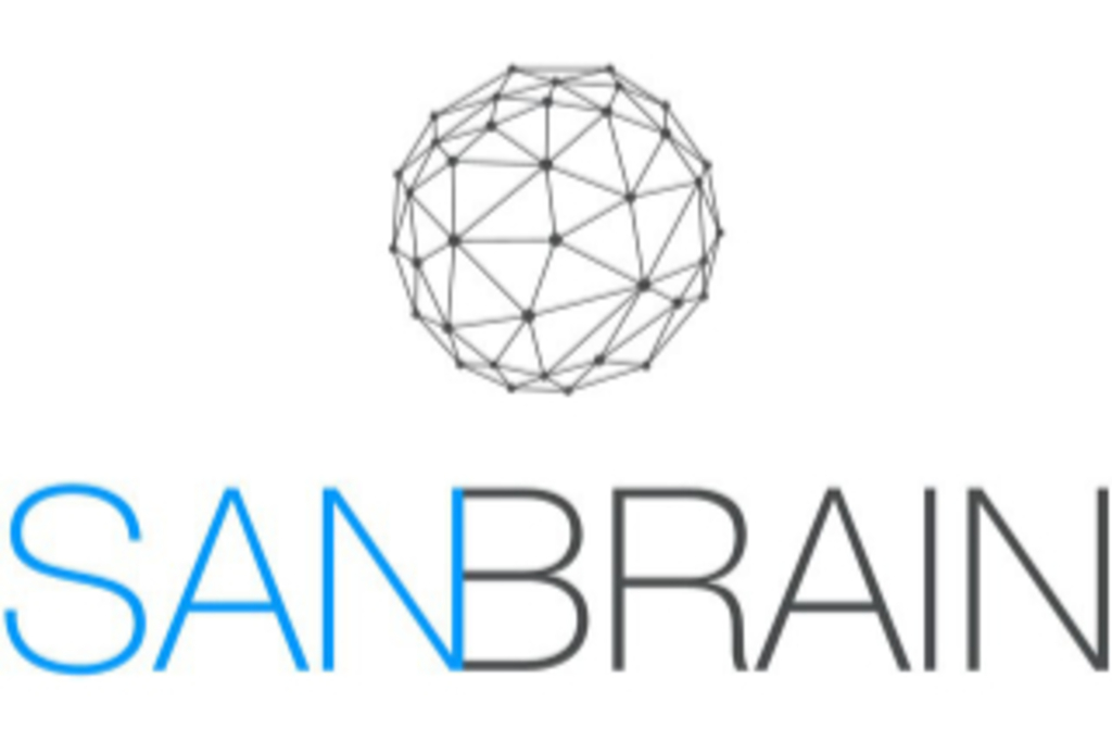 Ein schwarzes Netz in Kugelform, darunter in Großbuchstaben die Buchstaben SAN in Blau und direkt im Anschluss die Buchstaben BRAIN in Schwarz, dabei sind das erste N und das B miteinander verbunden, Link auf SANBRAIN