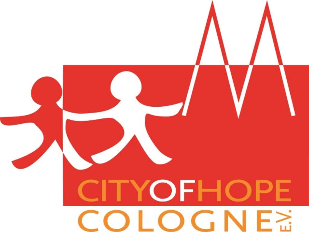 Logo: zwei skizzierte Männchen rot/weiß und die Domspitzen mit dem Schriftzug Cityofhope cologne e. V.