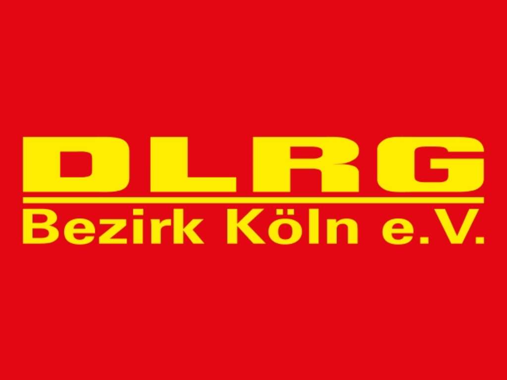 Gelbe Schrift auf  rotem Hintergrund mit dem Schriftzug  "DLRG Bezirk Köln e. V."
