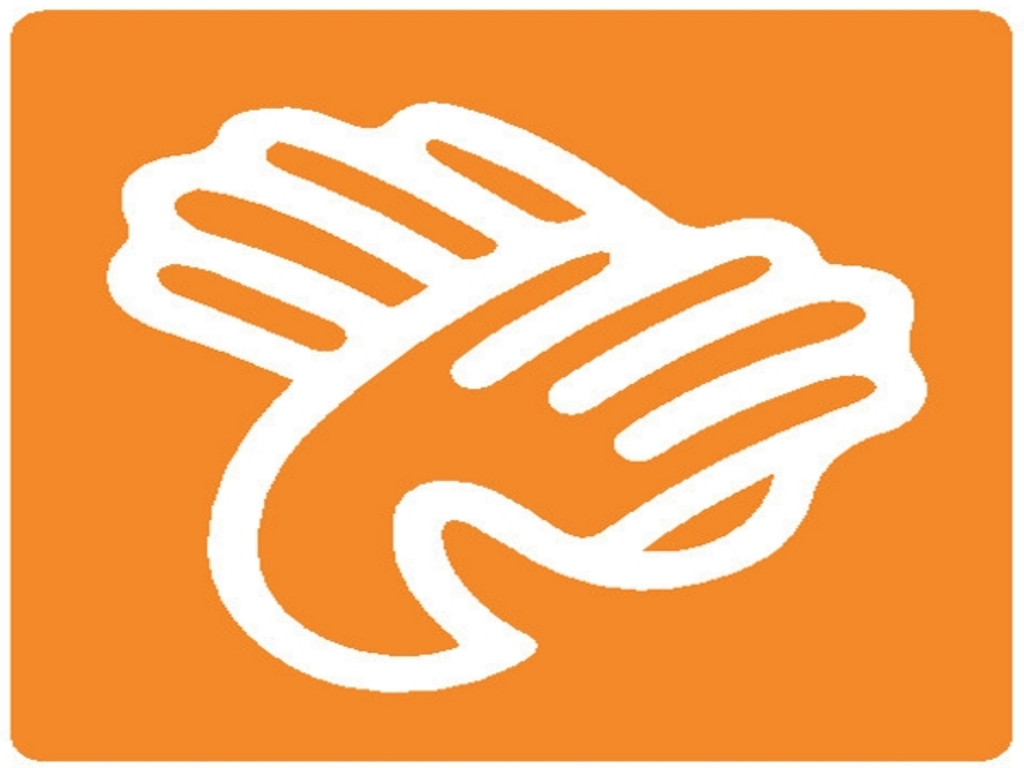 Logo, zwei weiße Hände ineinander, Hintergrund orange