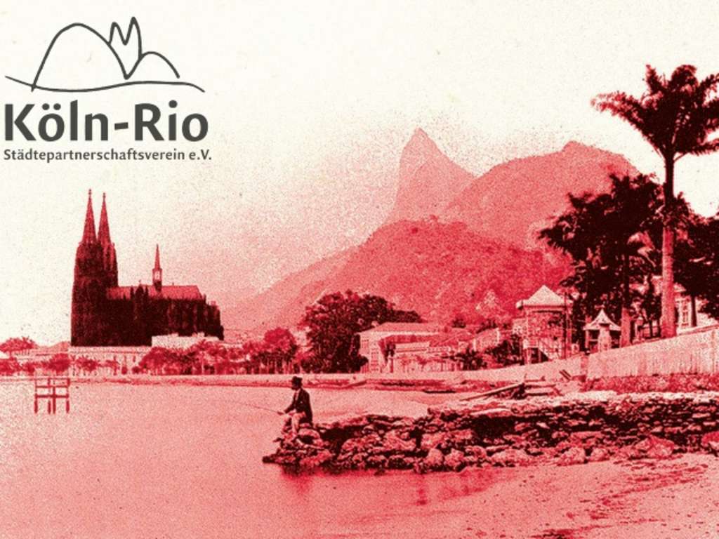 Collage, zu sehen ist der Zuckerhut mit Strand und Palmen, davor steht der Kölner Dom, mit dem Schriftzug " Köln-Rio Städtepartnerschaftsverein e.V.".