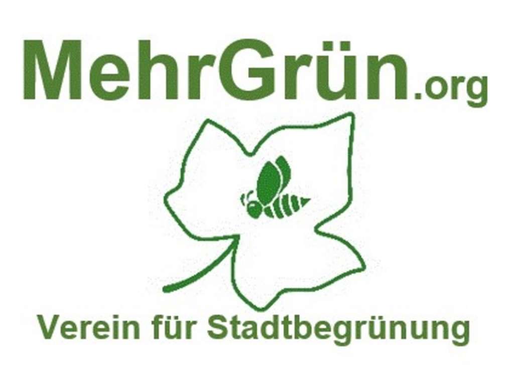 weiß-grünes Logo eines Ahornblattes und einer Biene, dazu der Schriftzug "MehrGrün.org" sowie "Verein für Stadtbegrünung"