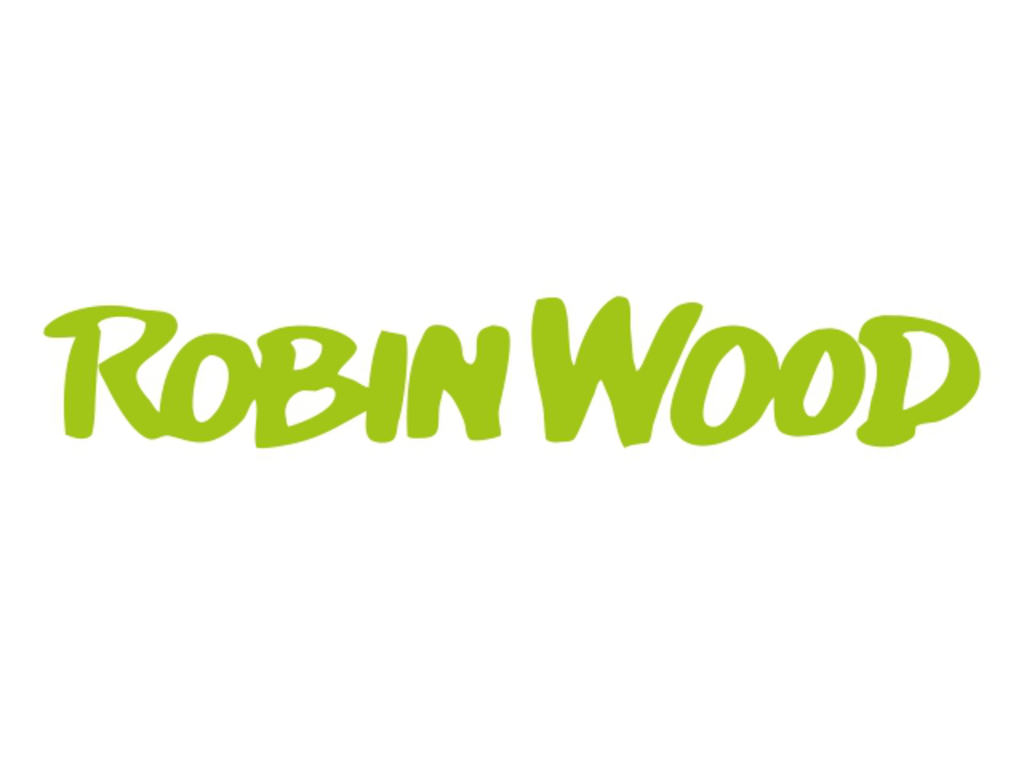Logo vom Robin Wood e. V., grüner Schriftzug Robin Wood