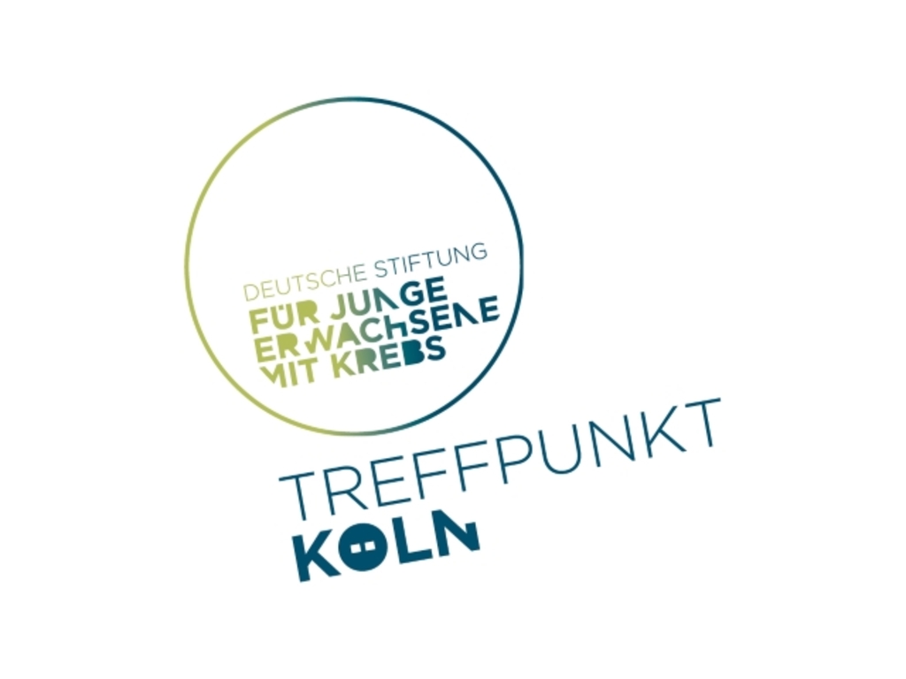 Abstraktes Logo: Kreis darin geschrieben „Deutsche Stiftung für junge Erwachsene mit Krebs“, unter dem Kreis in schräger Ausrichtung „Treffpunkt Köln“