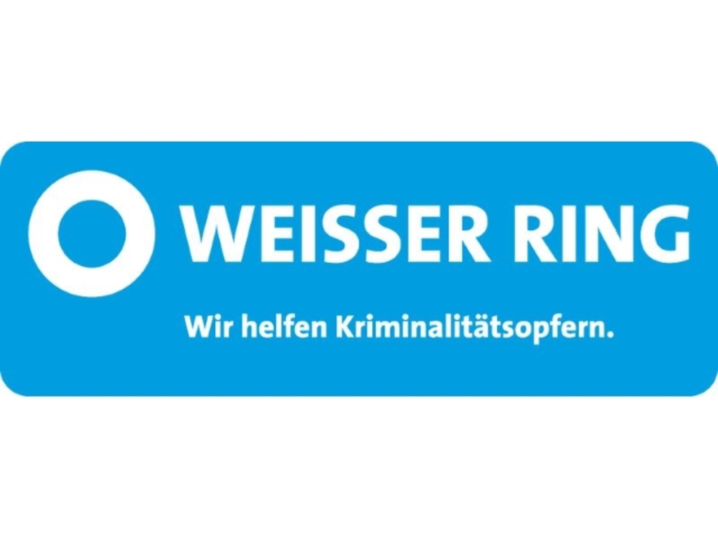 weiße Schrift auf blauem Hintergrund: "Weisser Ring, Wir helfen Kriminalitätsopfern."