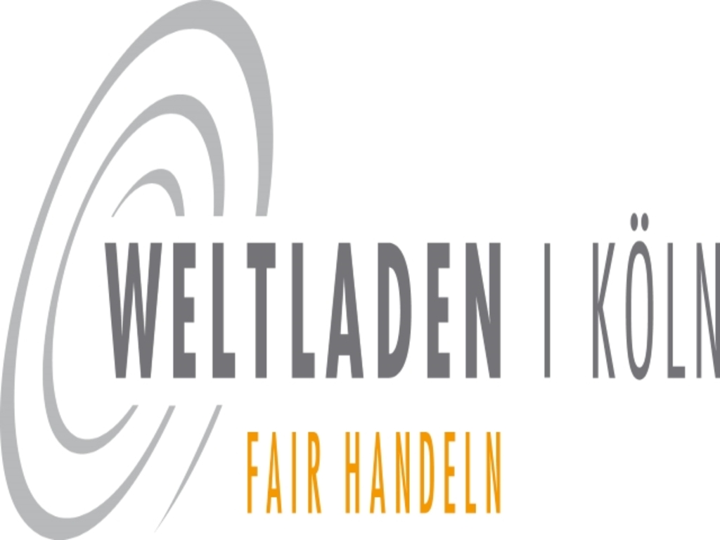 Logo - grauer Schriftzug "Weltladen / Köln", darunter in gelber Schrift "Fair handeln"