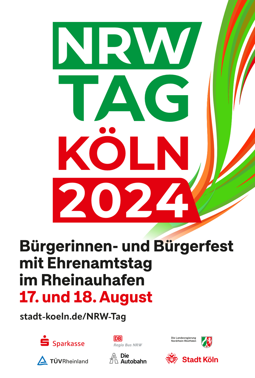 Das Plakat enthält den Schriftzug „NRW-Tag Köln 2024“. Darunter steht „Bürgerinnen- und Bürgerfest mit Ehrenamtstag im Rheinauhafen 17. Und 18. August“ Im unteren Teil des Plakates finden sich folgende Logos: Sparkasse, DB Regio Bun NRW, Landesregierung NRW, Tüv Rheinland, Die Autobahn, Stadt Köln