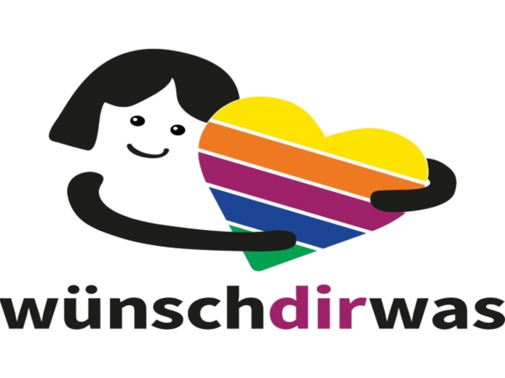 abstrakte Darstellung eines lächelnden schwarz-weiß "Strichmädchens" das ein buntes Herz umarmt, darunter der Schriftzug "wünschdirwas"
