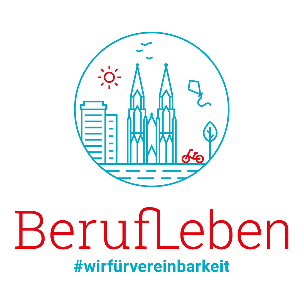 Logo BerufLeben; Piktogramm des Doms in hellblau, darunter der Titel BerufLeben in rot über dem Schriftzug #wirfürvereinbarkeit in hellblau
