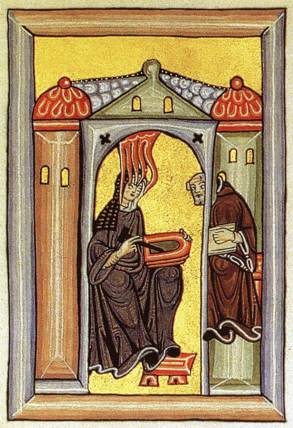 Hildegard von Bingen empfängt eine göttliche Inspiration und gibt sie an ihren Schreiber, den Mönch Vollmar, weiter, Frontispiz des Liber Scivias aus dem Rupertsberger Codex (um 1180), Tafel 1