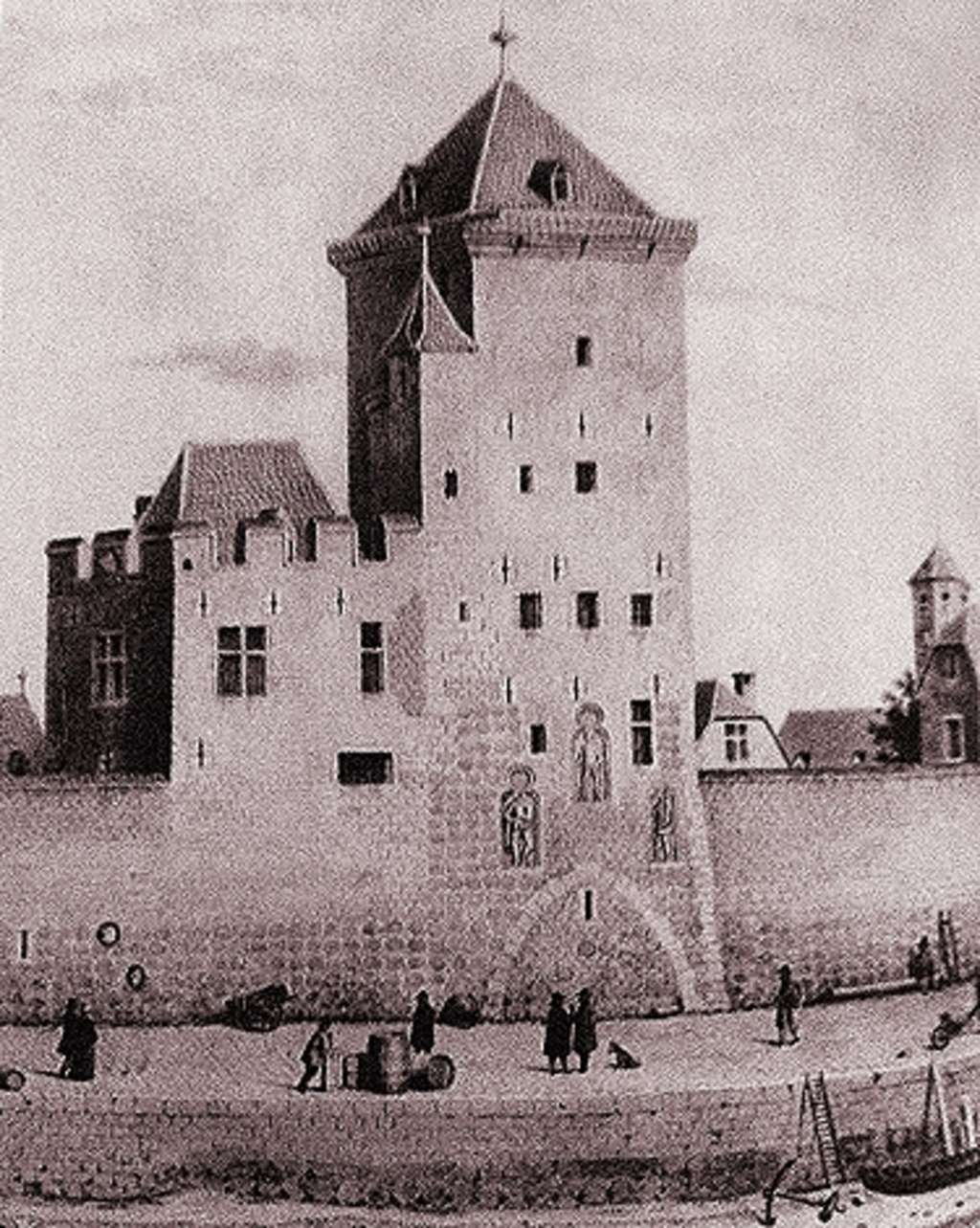 Der Kölner Frankenturm vom Rhein aus gesehen, hoher Turm in einer Stadtmauer, Abbildung von etwa 1822