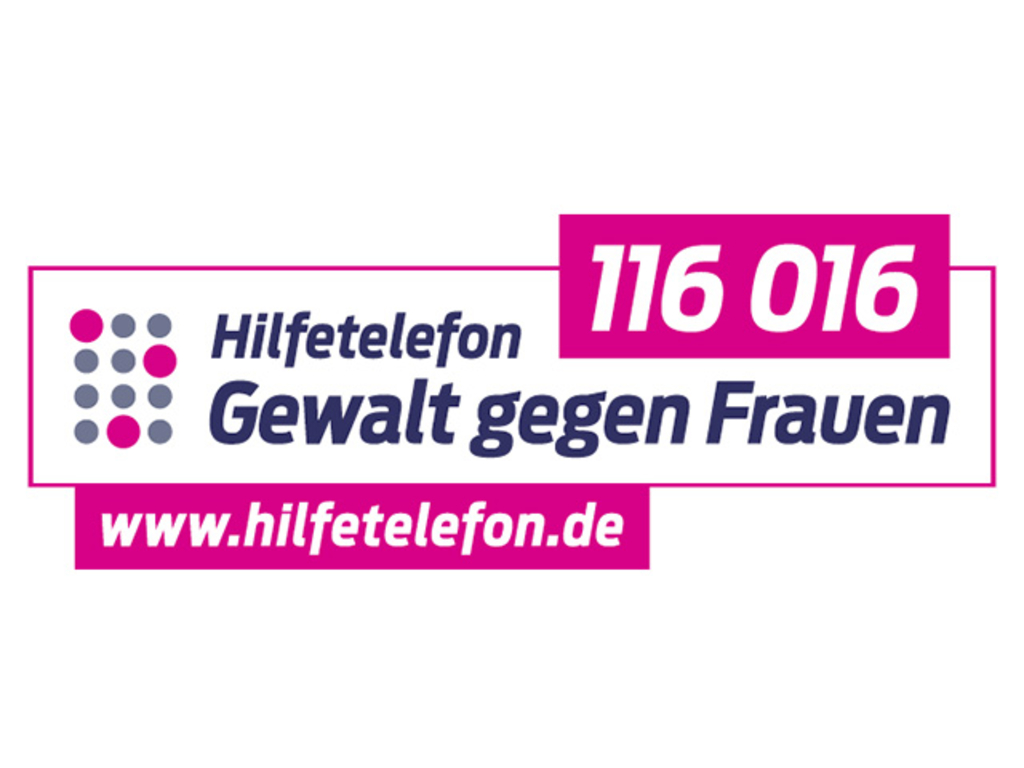 Logo Hilfetelefon "Gewalt gegen Frauen" mit Hotline 116016. Das Telefon ist kostenfrei, vielsprachig und barrierefrei