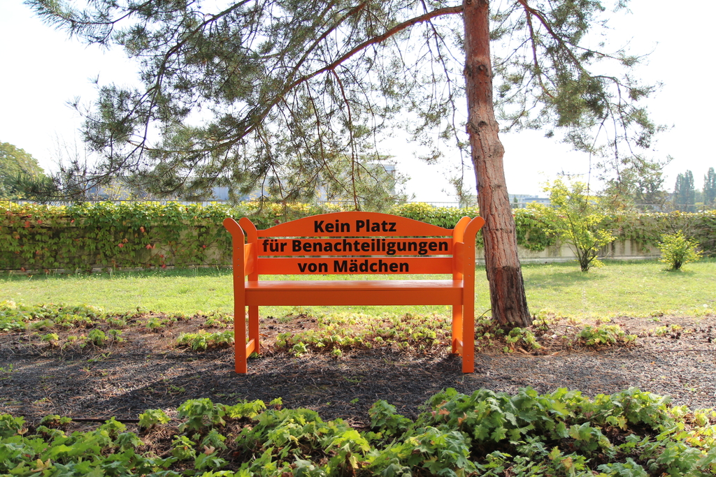 Die orangene Bank mit dem Schriftzug "Kein Platz für die Benachteiligung von Mädchen" steht unter einem Nadelbaum in der Sonne auf einer Wiese